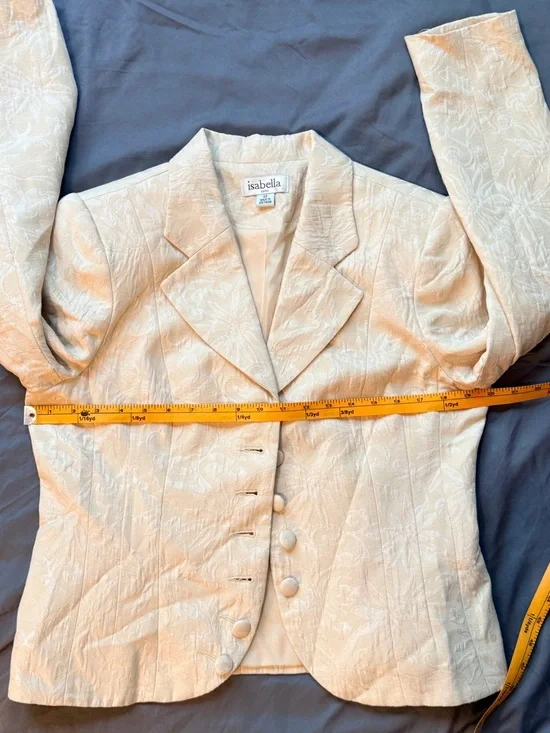 Vtg Isabella Suits 2-Piece Skirt Set Size 12 Cream Jacquard Floral Blazer Ruffle - Picture 9 of 15